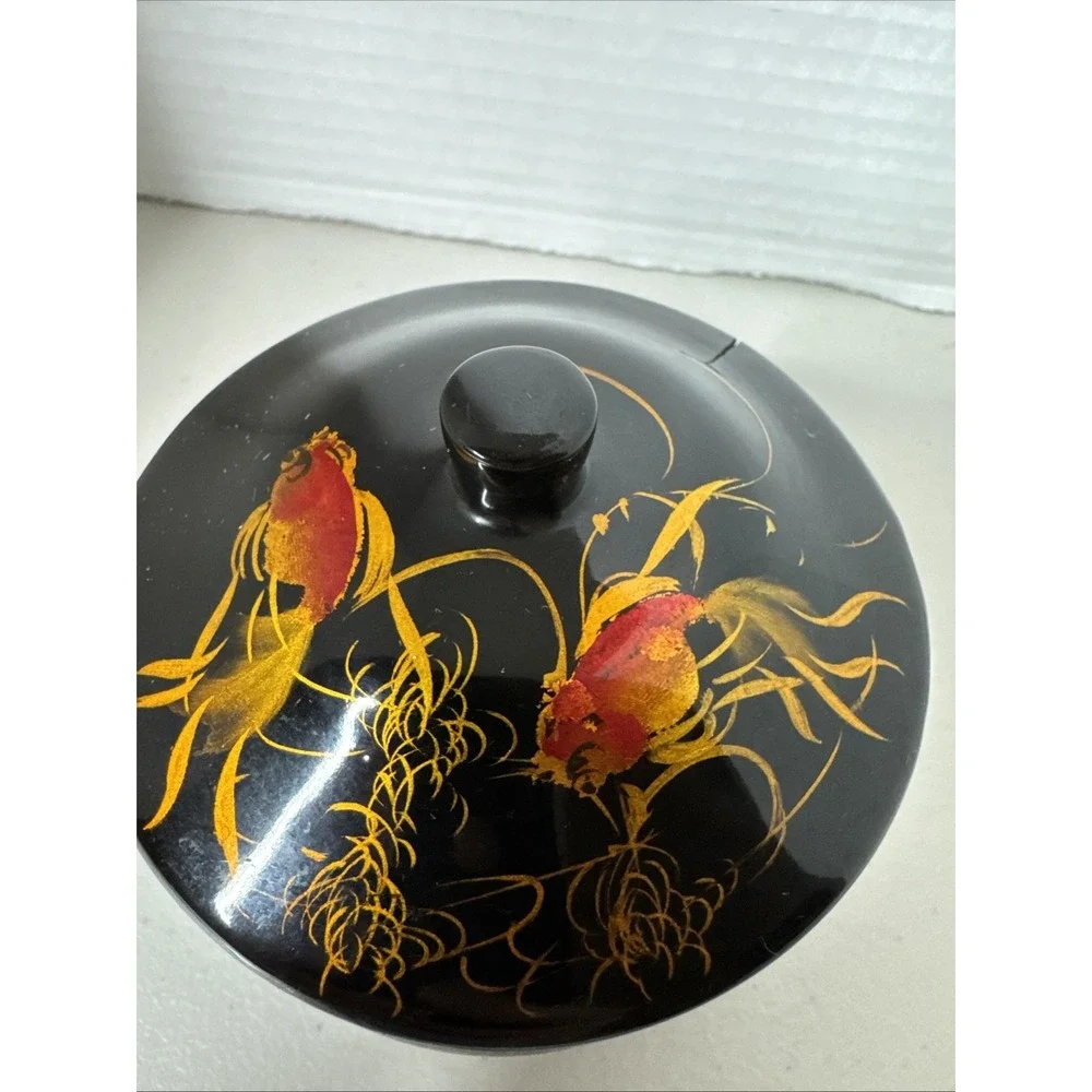 Vintage Singapore Black Lacquer Ware Lid Pot Hand Painted Koi Carp Fish
